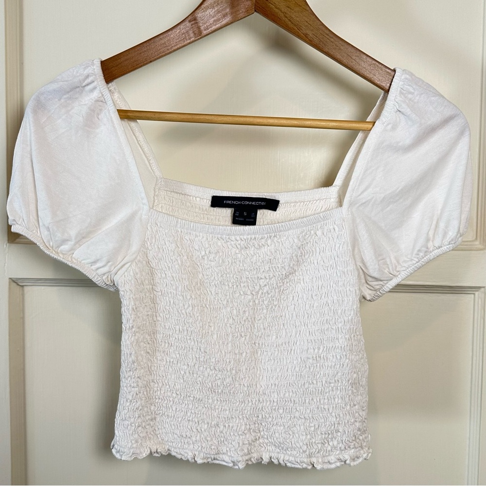 French Connection Smocked Short Sleeve Crop Top - White - Size Small